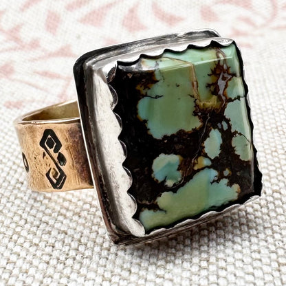 Large silver square turquoise and gilt ring, size S.5 (US 9.5)