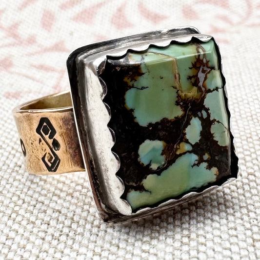 Large silver square turquoise and gilt ring, size S.5 (US 9.5)