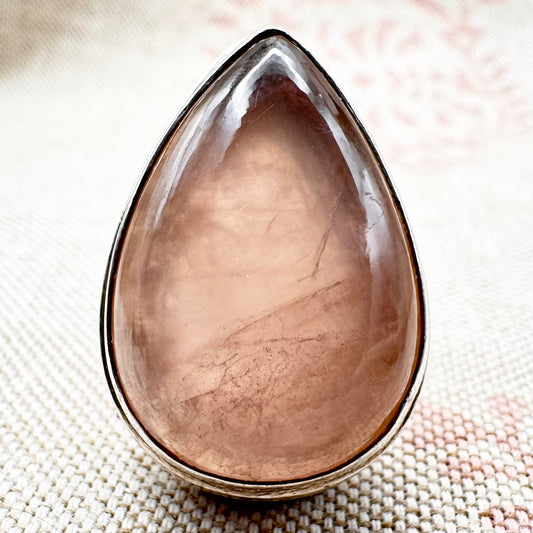 Vintage pear-cut rose quartz ring, Birmingham hallmark, size Q.5 (US 8.5)