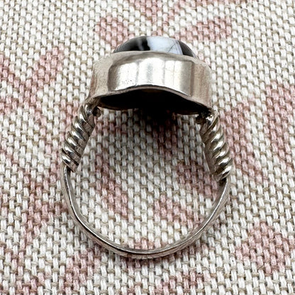 Black Botswana agate silver ring with coiled shoulders, size G.5 (US 3.5)