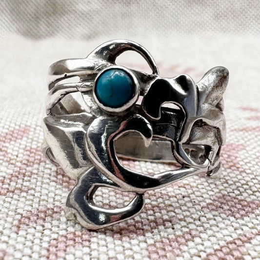 Abstract silver ring with turquoise, size P (US 7.5), hallmarked London 1985