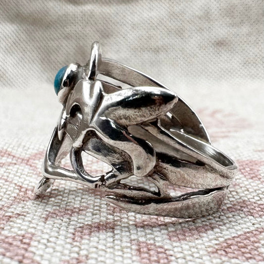 Abstract silver ring with turquoise, size P (US 7.5), hallmarked London 1985