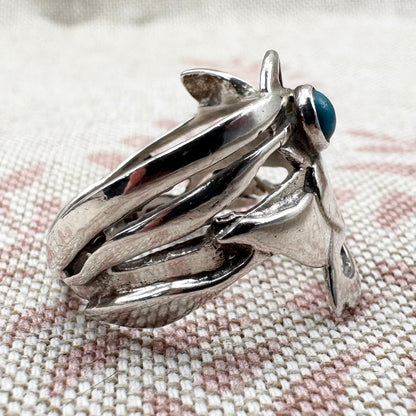 Abstract silver ring with turquoise, size P (US 7.5), hallmarked London 1985