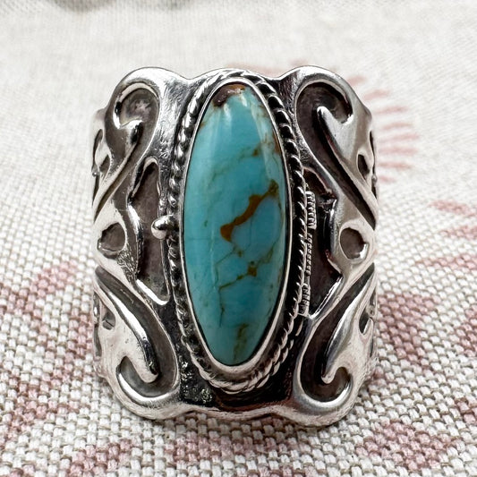Mexican silver poison ring with turquoise, size S.5 (US 9.5)