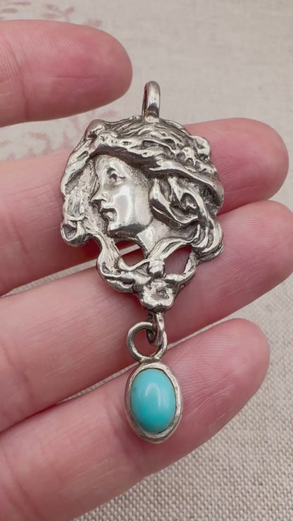 Art Nouveau style silver lady pendant with turquoise drop, hallmarked London 1973