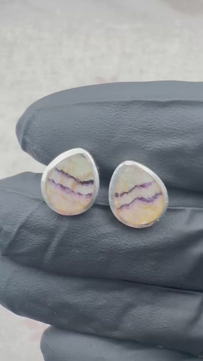 Blue John and silver teardrop stud earrings, Birmingham Hallmarked