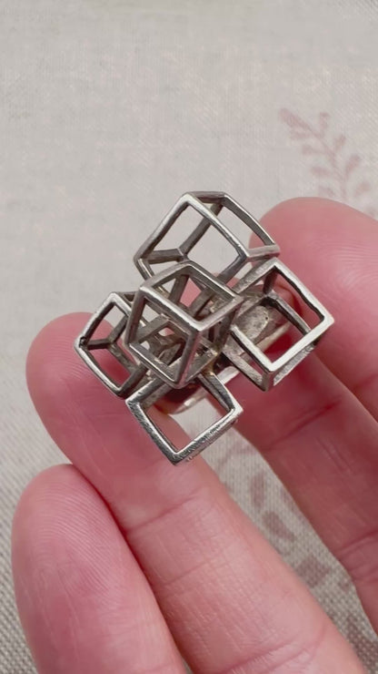 Silver geometric cube ring, size O.5 (US 7.5)