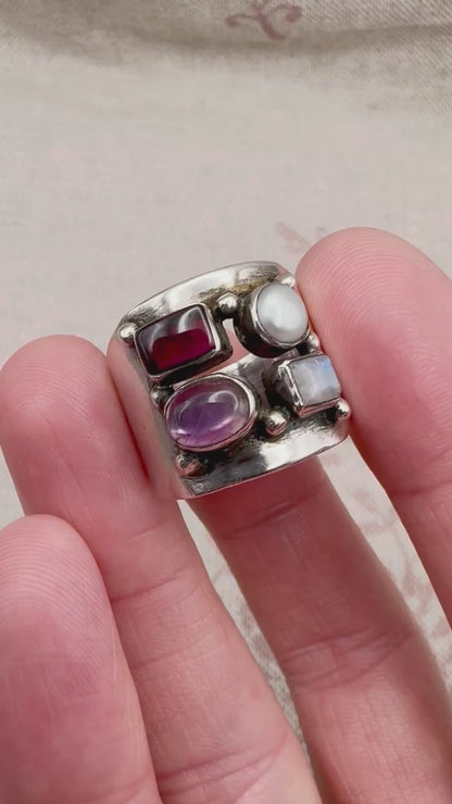 Vintage silver ring with garnet, amethyst, moonstone & pearl, size P (US 7.5)
