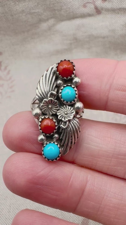 Native American coral and turquoise ring by Running Bear Trading, size L.5 (US 6)