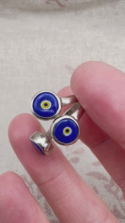 Silver triple 'evil eye' ring, size M (US 6) - adjustable