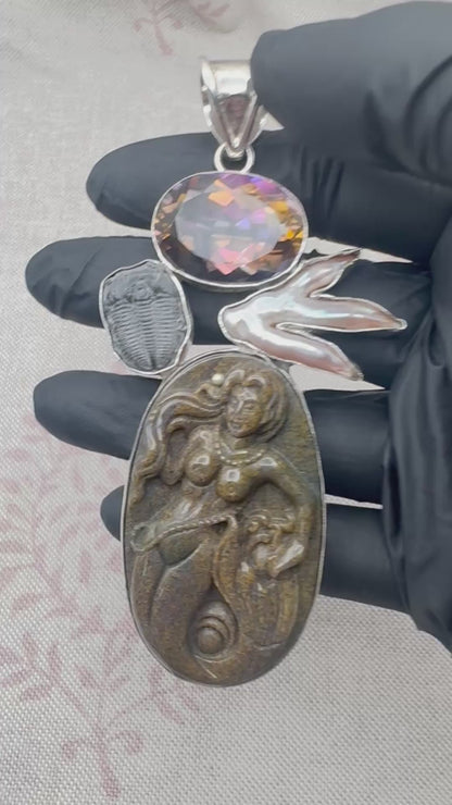 Jasper mermaid, trilobite, pearl and mystic quartz statement pendant