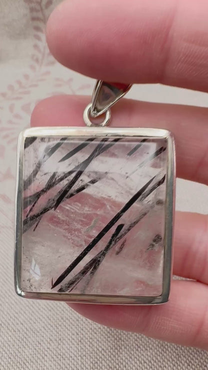 Square black rutile quartz pendant